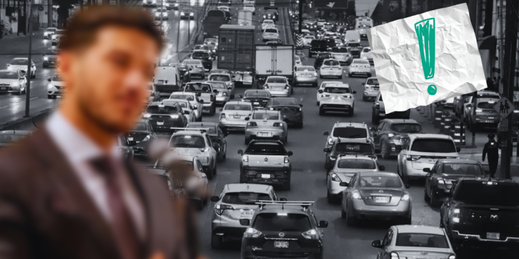 Colapso-vial-definitivo-de-nuevo-leon - Vecinos Unidos Blurry Man in a Suit in the Foreground; Congested City Street Full of Cars Behind; Torn White Paper with Teal Exclamation Mark at Top-right. - Vecinos Unidos