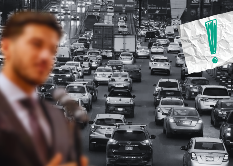 Blurry Man in a Suit in the Foreground; Congested City Street Full of Cars Behind; Torn White Paper with Teal Exclamation Mark at Top-right. - Vecinos Unidos