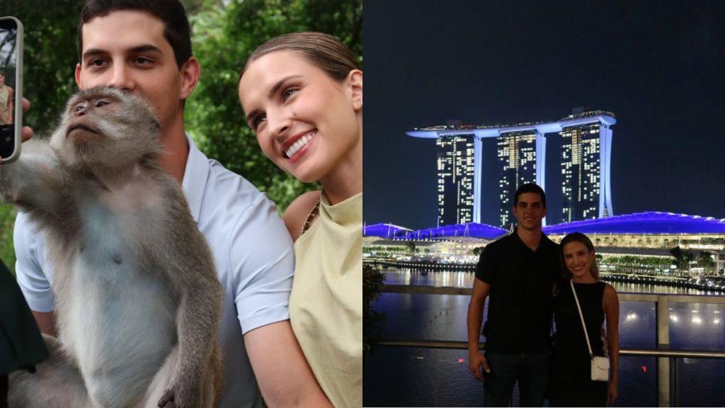 Cuanto-dinero-le-dio-samuel-al-hermano-de-mariana - Vecinos Unidos Left: a Man and Woman Take a Selfie with a Curious Monkey in a Park. Right: a Couple Stands in Front of the Marina Bay Sands Skyline at Night in Singapore. - Vecinos Unidos