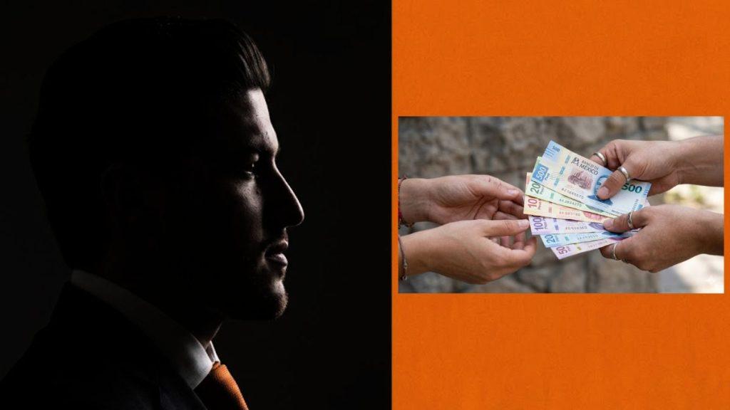 Suministro-myr-nuevo-leon - Vecinos Unidos Profile Silhouette of a Man on the Left and Hands Exchanging Mexican Banknotes on the Right Against an Orange Split Background, Suggesting Money Transaction or Bribery. - Vecinos Unidos