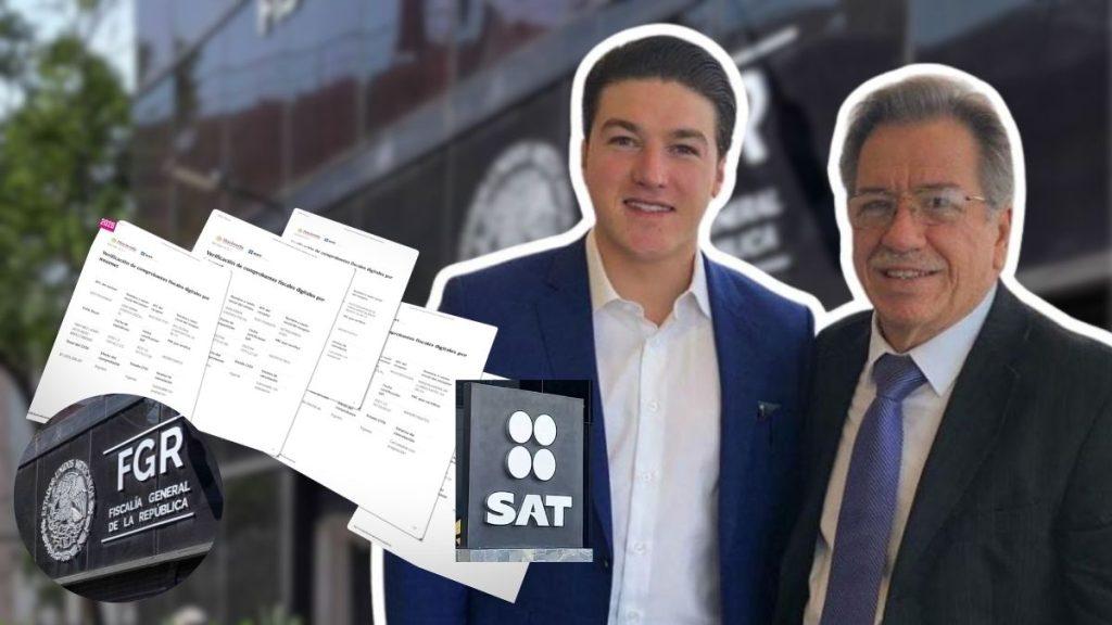 Two Men in Suits Standing Together in a Collage with Scattered Government Documents and Fgr and Sat Logos in the Foreground. - Vecinos Unidos