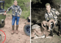 Two-panel hunting photo: left shows a camo-clad hunter beside a green vehicle with a blurred carcass on the ground; right shows the hunter with a rifle beside a ram in a wooded area.