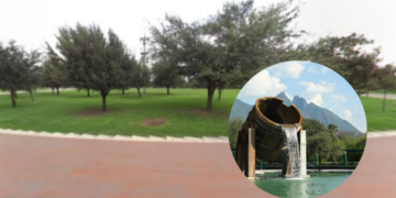 Park with Green Grass and Trees; Circular Inset Shows a Rusted Water Chute Pouring into a Pool with Mountains in the Background. - Vecinos Unidos